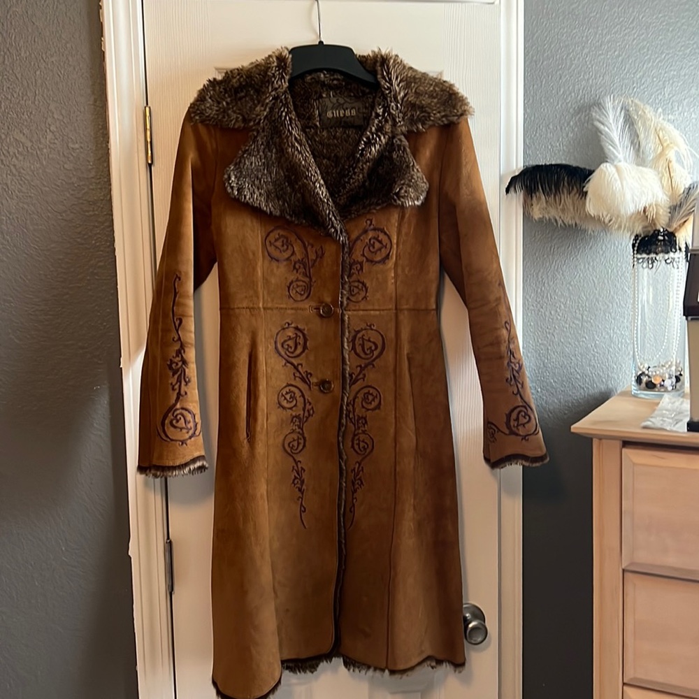 Vintage 3/4 Full Length Leather Embroidered with Faux Fur Lining